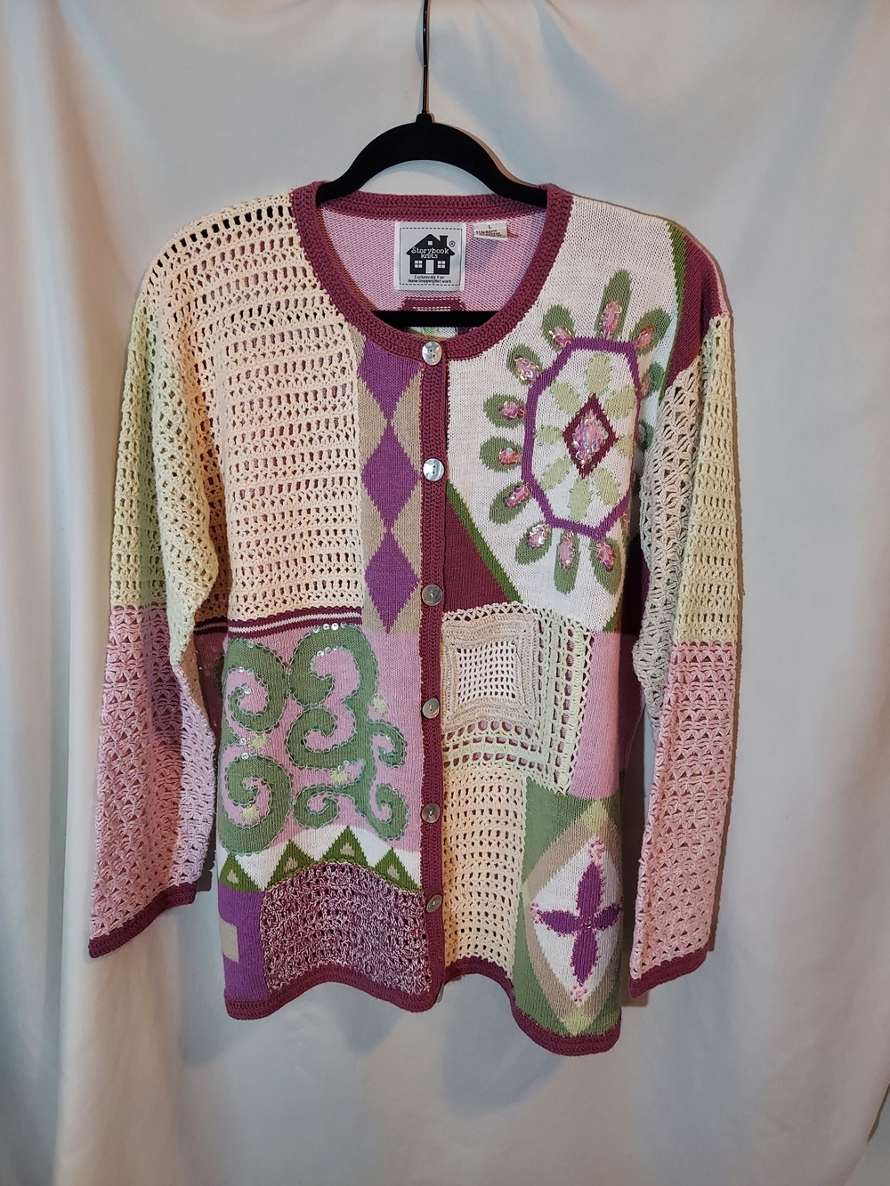 VTG Storybook Knits Novelty Patchwork Cardigan Grannycore Cottagecore L